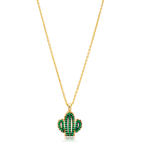 Cactus Design Emerald Stone Charm Pendant Turkish Handmade 925 Sterling Silver Jewelry