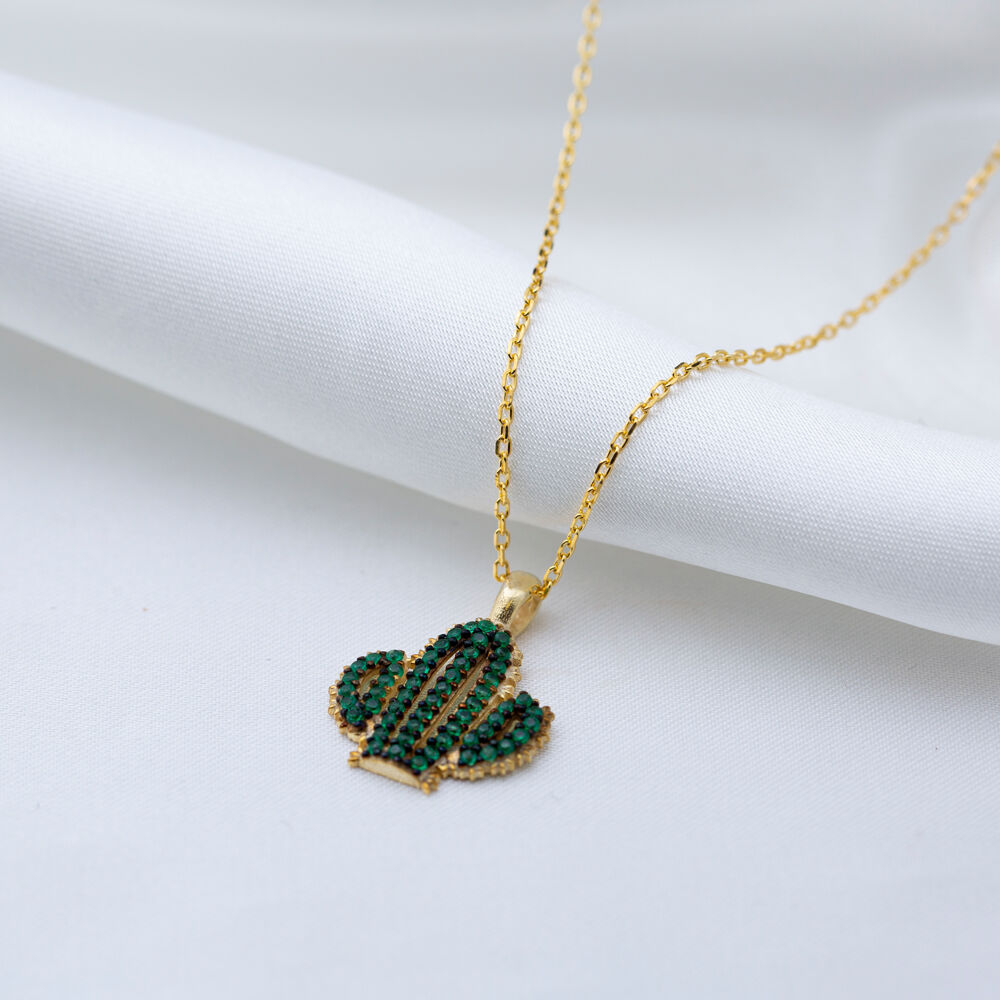 Cactus Design Emerald Stone Charm Pendant Turkish Handmade 925 Sterling Silver Jewelry