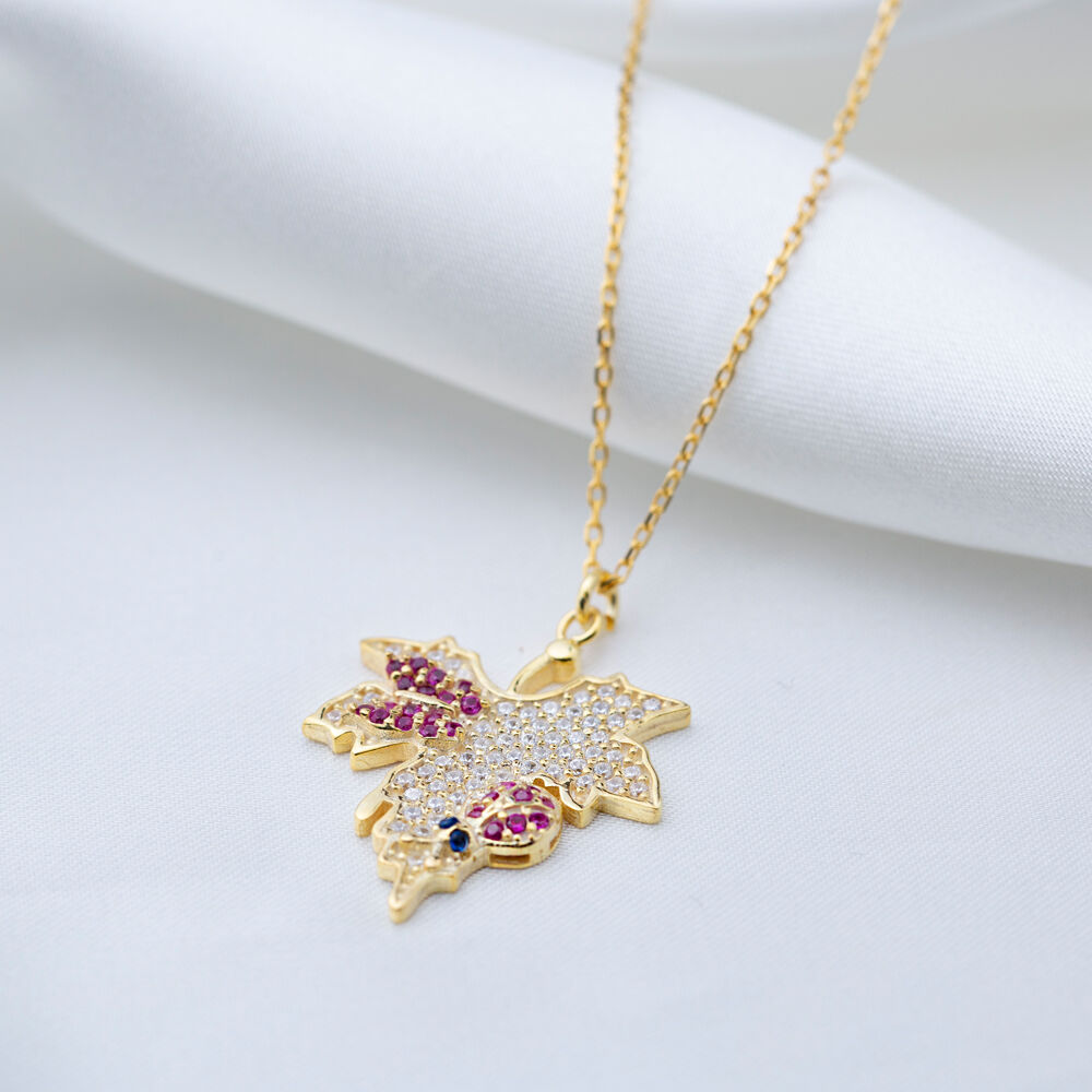 Leaf Design Butterfly with Ladybug Charm Pendant Turkish Handmade 925 Sterling Silver Jewelry