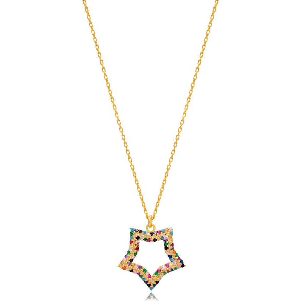 Star Design Rainbow Stone Charm Pendant Turkish Handmade 925 Sterling Silver Jewelry