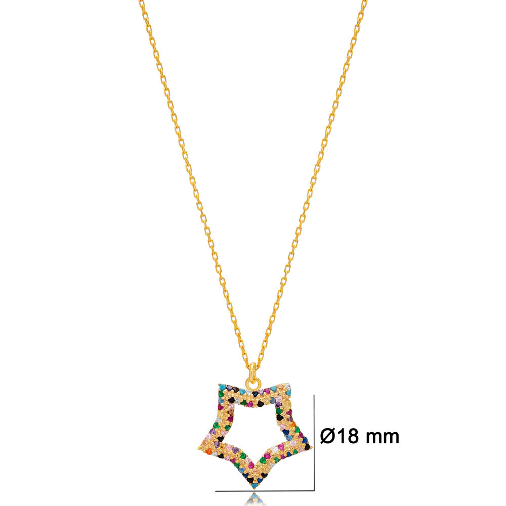 Star Design Rainbow Stone Charm Pendant Turkish Handmade 925 Sterling Silver Jewelry