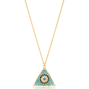 Triangle Geometric Shape Evil Eye Design Charm Pendant Turkish Handmade 925 Sterling Silver Jewelry