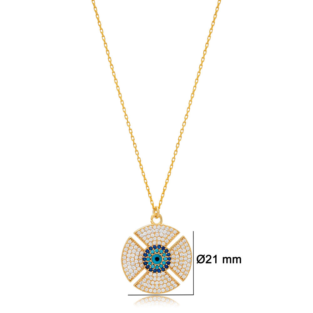 Geometric Shape Evil Eye Design Charm Pendant Turkish Handmade 925 Sterling Silver Jewelry