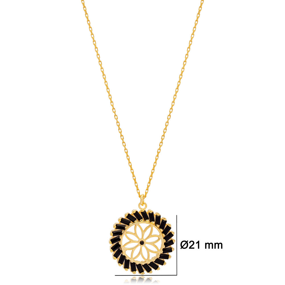 Flower Design Black Baguette Stone Round Shape Charm Pendant Turkish Handmade 925 Sterling Jewelry