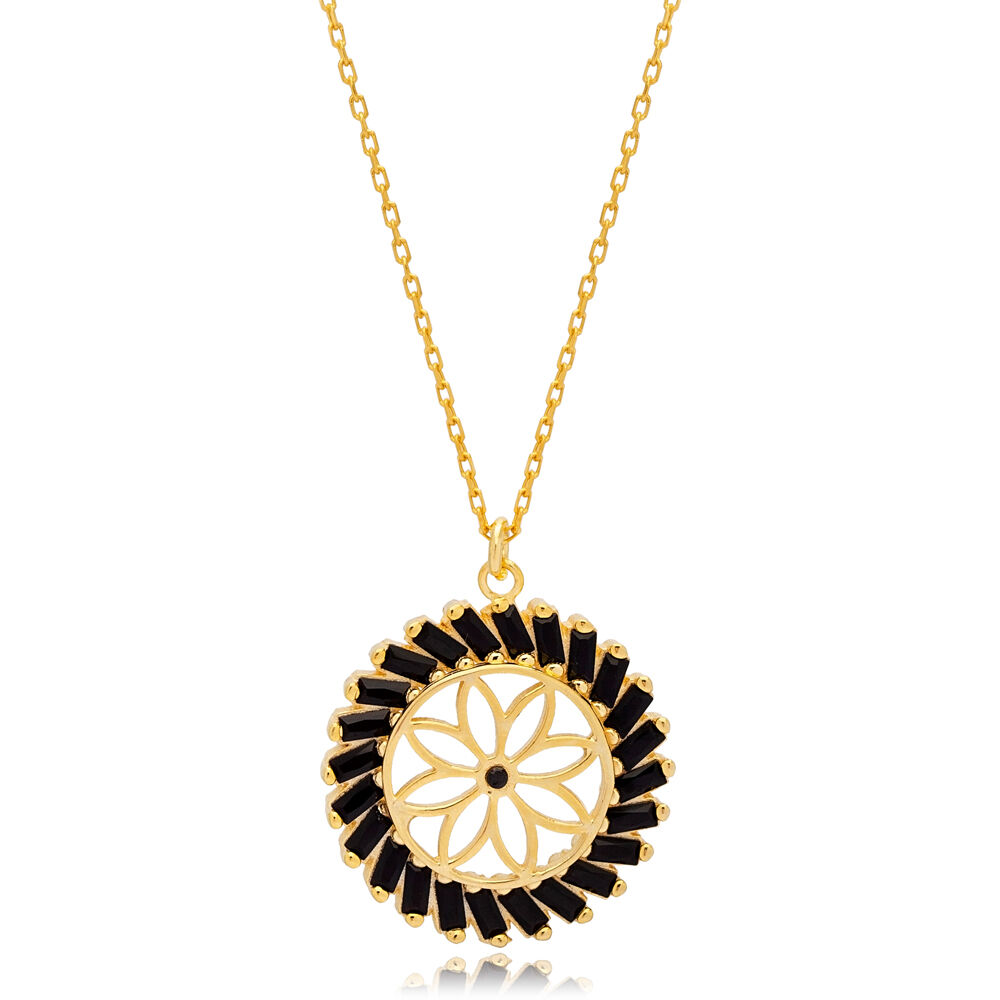 Flower Design Black Baguette Stone Round Shape Charm Pendant Turkish Handmade 925 Sterling Jewelry
