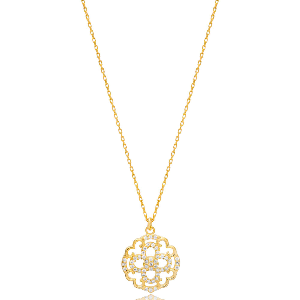 Clover Design Zircon Stone Round Shape Charm Pendant Turkish Handmade 925 Sterling Silver Jewelry