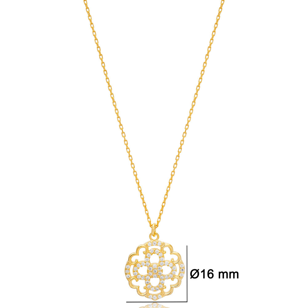 Clover Design Zircon Stone Round Shape Charm Pendant Turkish Handmade 925 Sterling Silver Jewelry