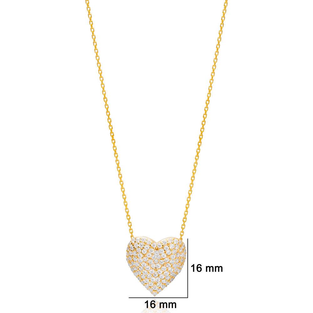 Heart Design Shiny Zircon Stone Charm Pendant Turkish Handmade 925 Sterling Silver Jewelry