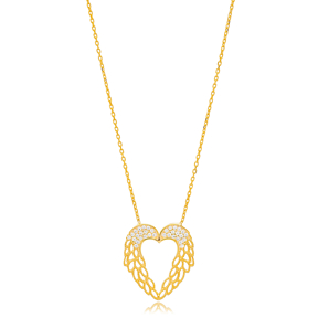 Heart with Angel Wings Charm Zircon Stone Pendant Turkish Handmade 925 Sterling Silver Jewelry