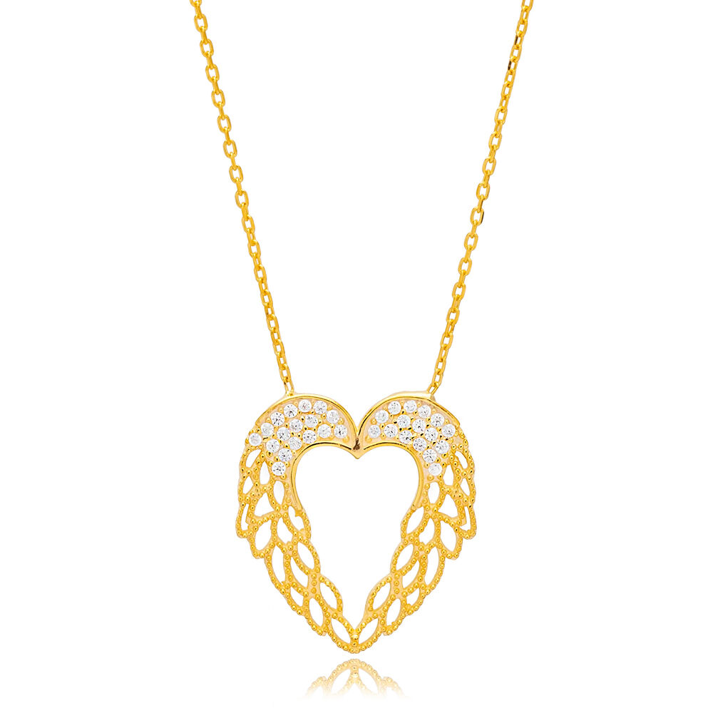 Heart with Angel Wings Charm Zircon Stone Pendant Turkish Handmade 925 Sterling Silver Jewelry