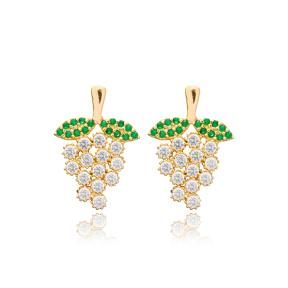 Grape Fruit Design Emerald with Zircon Stone Stud Earrings 925 Sterling Silver Jewelry
