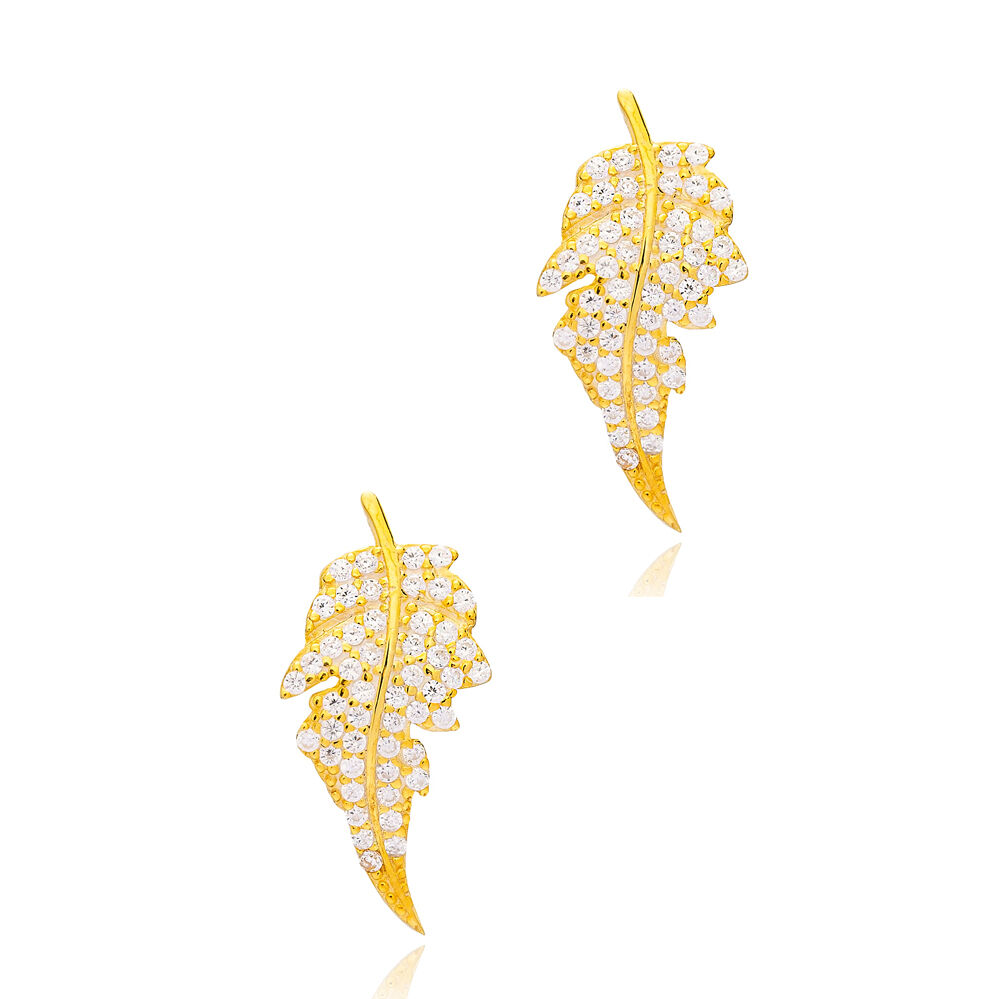 Leaf Design Shiny Zircon Stone Stud Earrings Turkish Handmade 925 Sterling Silver Jewelry