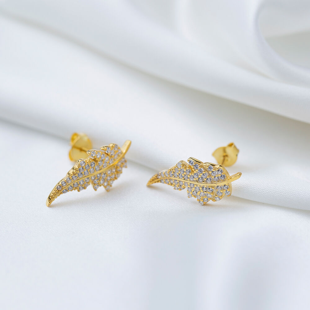 Leaf Design Shiny Zircon Stone Stud Earrings Turkish Handmade 925 Sterling Silver Jewelry