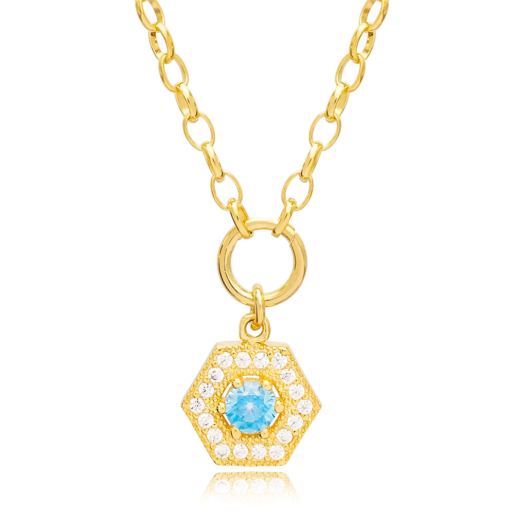 Aquamarine and Zircon Stone Rectagon Hollow Charm Necklace Wholesale 925 Sterling Silver For Ladies Jewelry