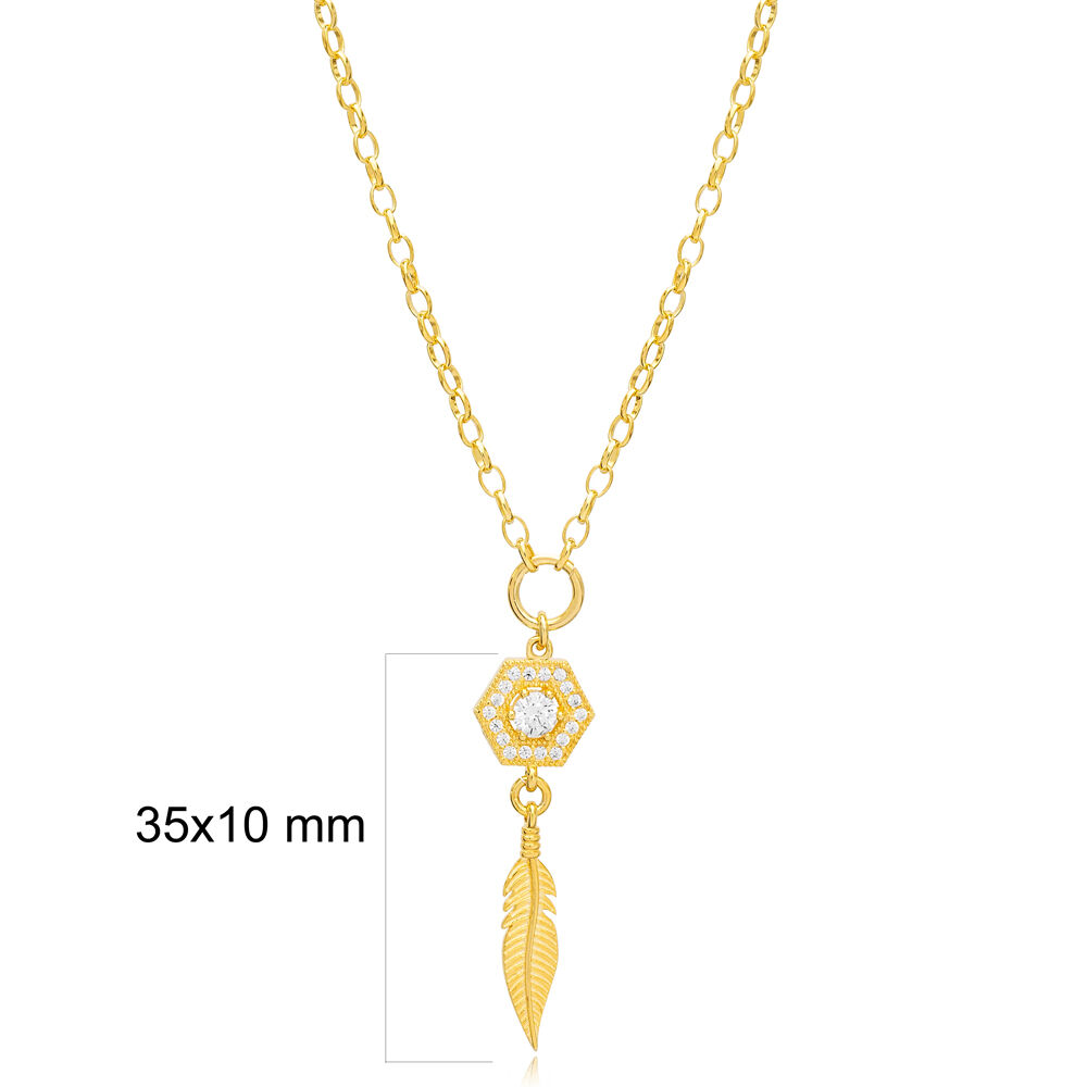 Feather Design Zircon Stone Rectagon Hollow Charm Necklace Handmade Wholesale 925 Sterling Silver For Ladies Jewelry