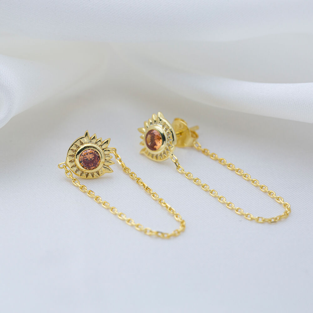 Round Shape Orange Zircon Stone Chain Earrings Wholesale Turkish Handmade 925 Silver Sterling Jewelry