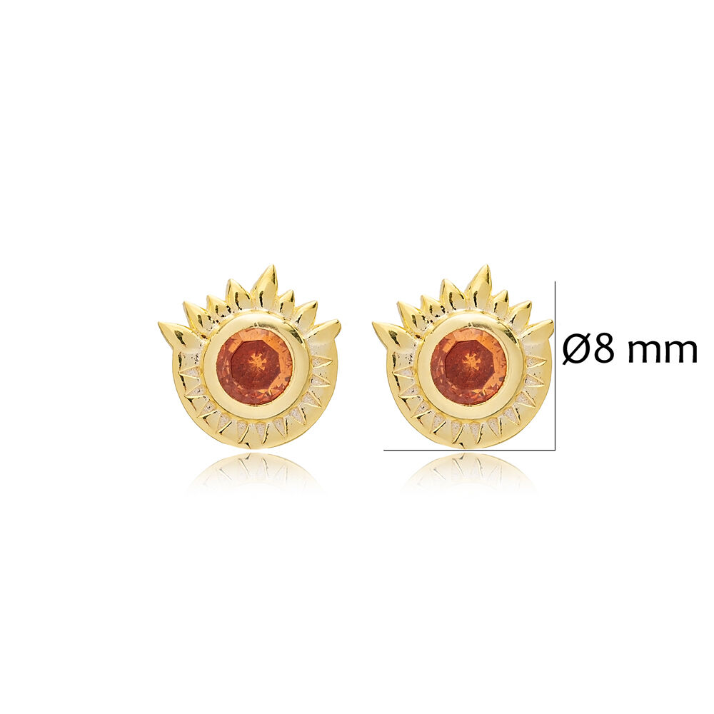 Orange Zircon Round Shape Stud Earrings Wholesale Handmade Turkish 925 Sterling Silver Jewelry