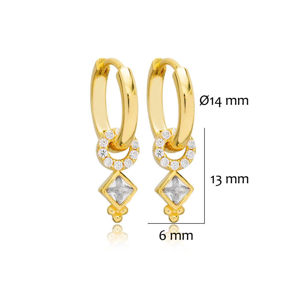 Geometric Shape Design Zircon Stone Dangle Earrings Wholesale Handcrafted Turkish 925 Sterling Silver Jewelry