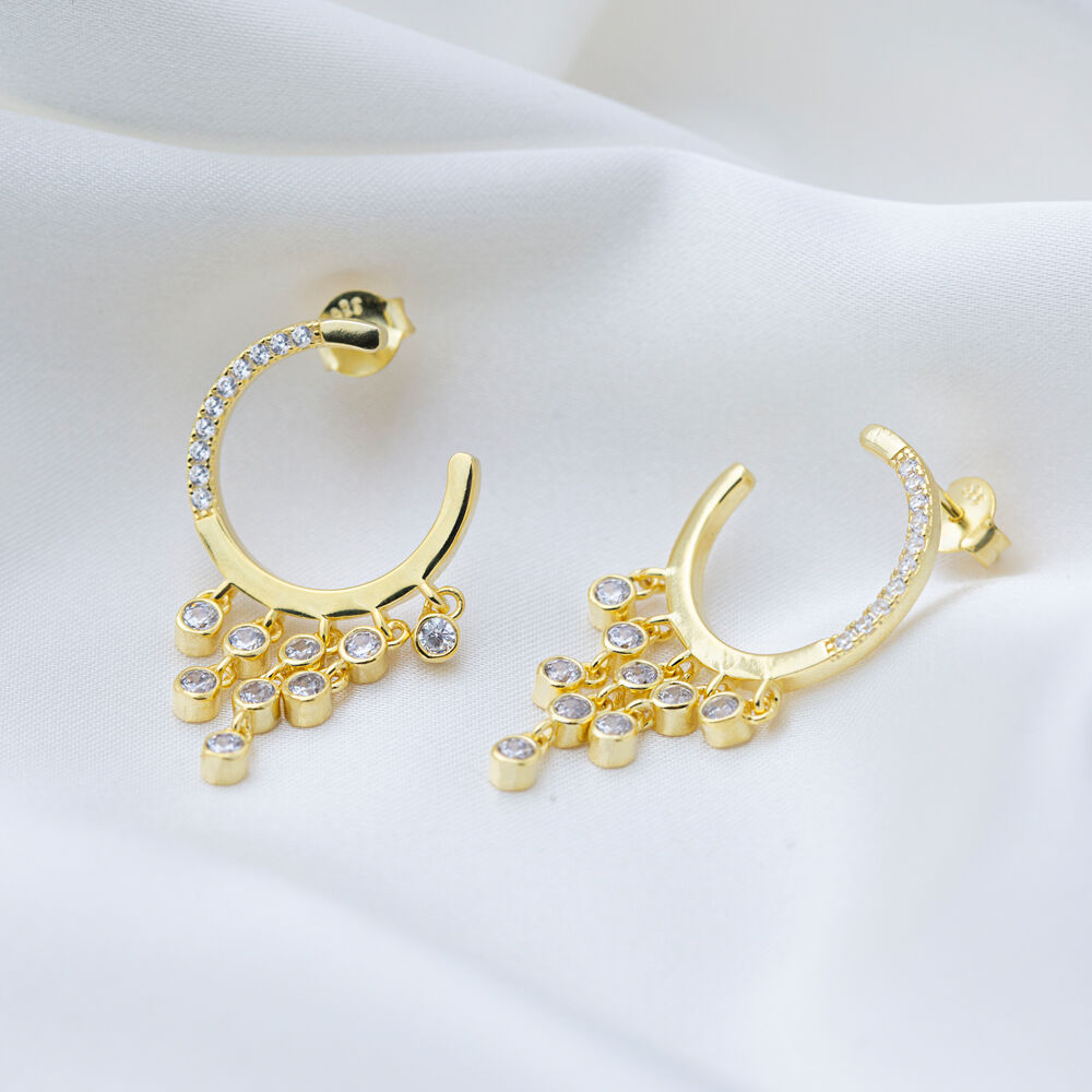Elegant Design Round Cut Zircon Stone Dangle Earrings Handcrafted Turkish 925 Sterling Silver Jewelry