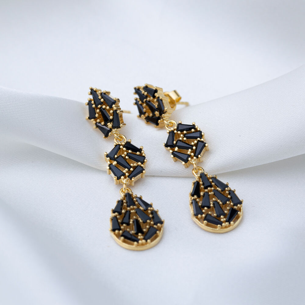 Black Zircon Dangle Push Back Baguette Stone Earrings Turkish Wholesale Sterling Silver Jewelry