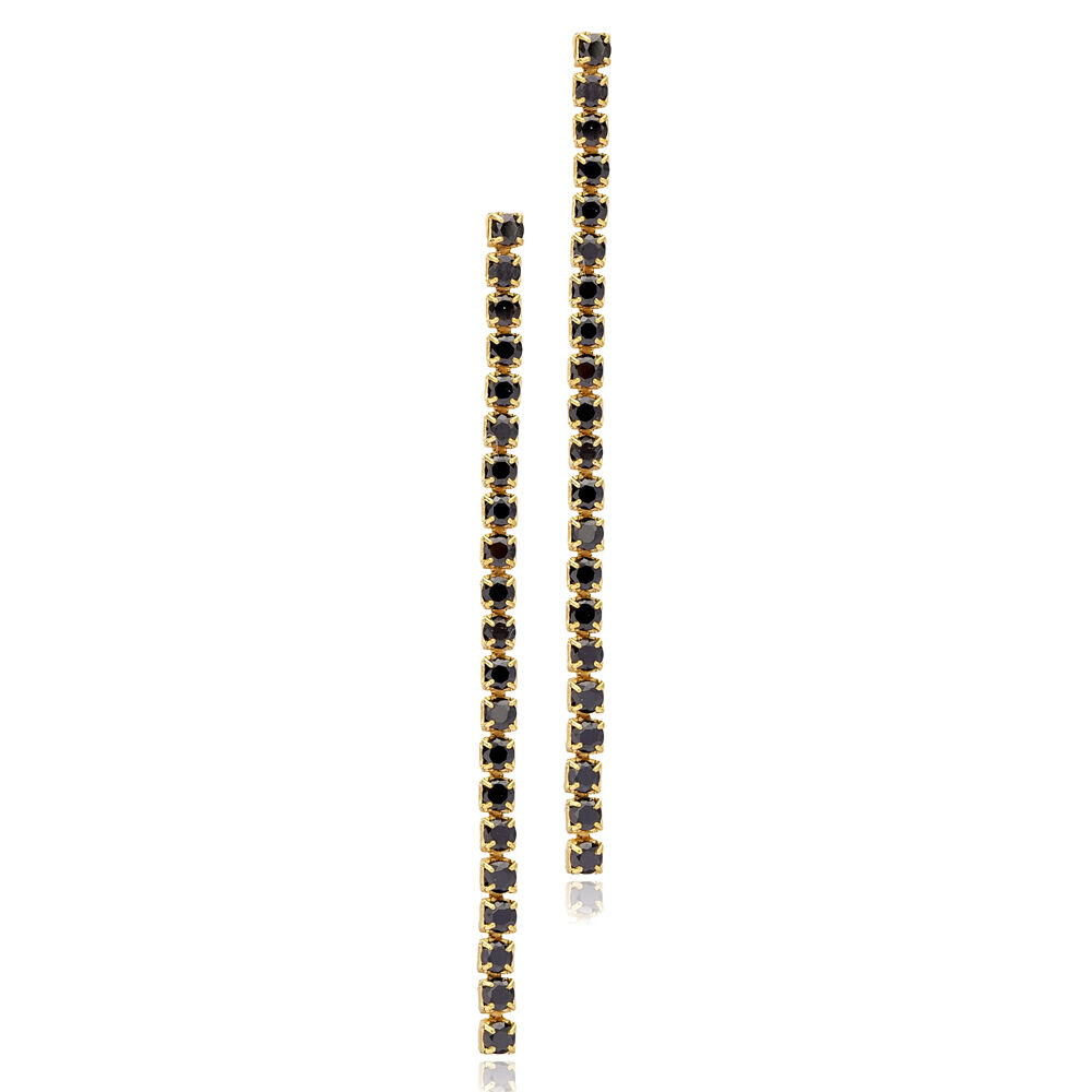 Black Zircon Stone Tennis Chain Long Stud Earrings 925 Sterling Silver Jewelry