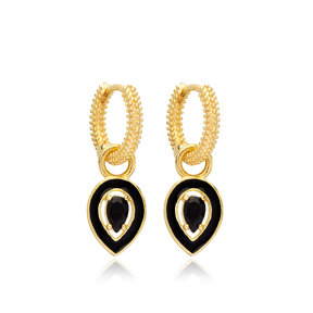 Pear Design Black Enamel Black Zircon Stone Dangle Hoop Earring 925 Sterling Silver Jewelry