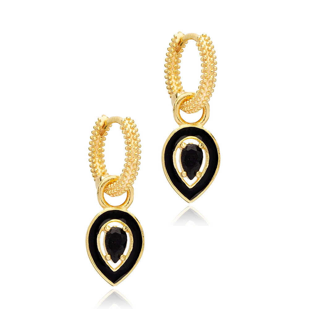 Pear Design Black Enamel Black Zircon Stone Dangle Hoop Earring 925 Sterling Silver Jewelry