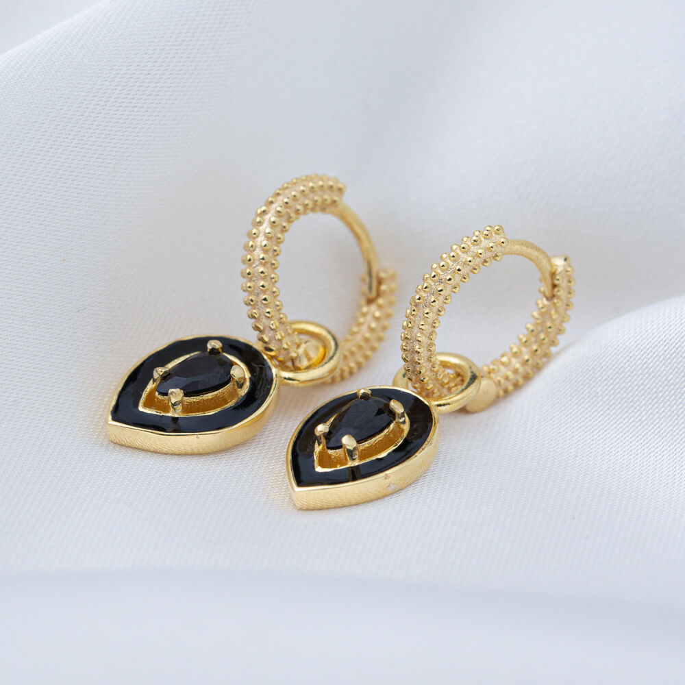 Pear Design Black Enamel Black Zircon Stone Dangle Hoop Earring 925 Sterling Silver Jewelry