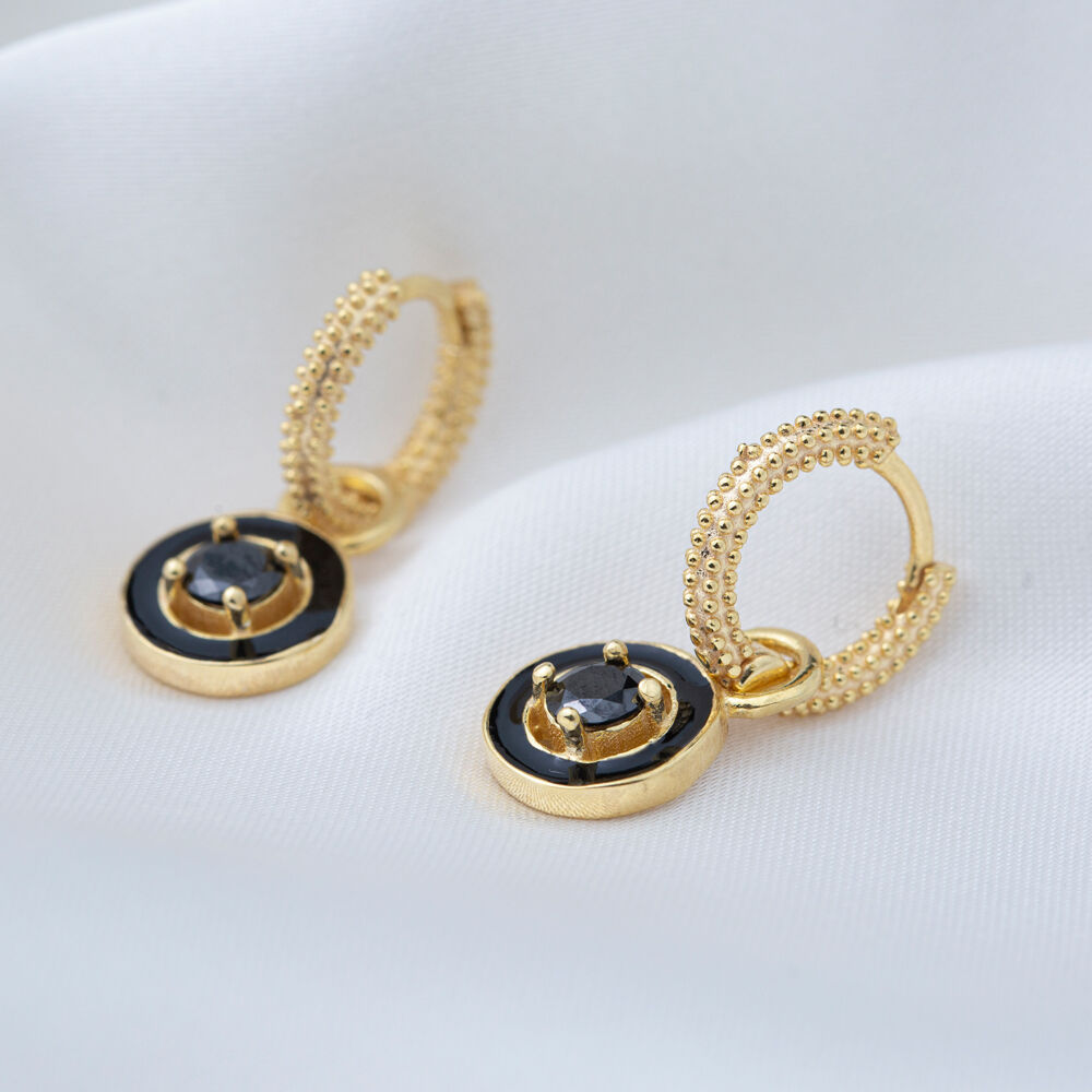 Round Design Black Enamel Black Zircon Stone Dangle Hoop Earring 925 Sterling Silver Jewelry