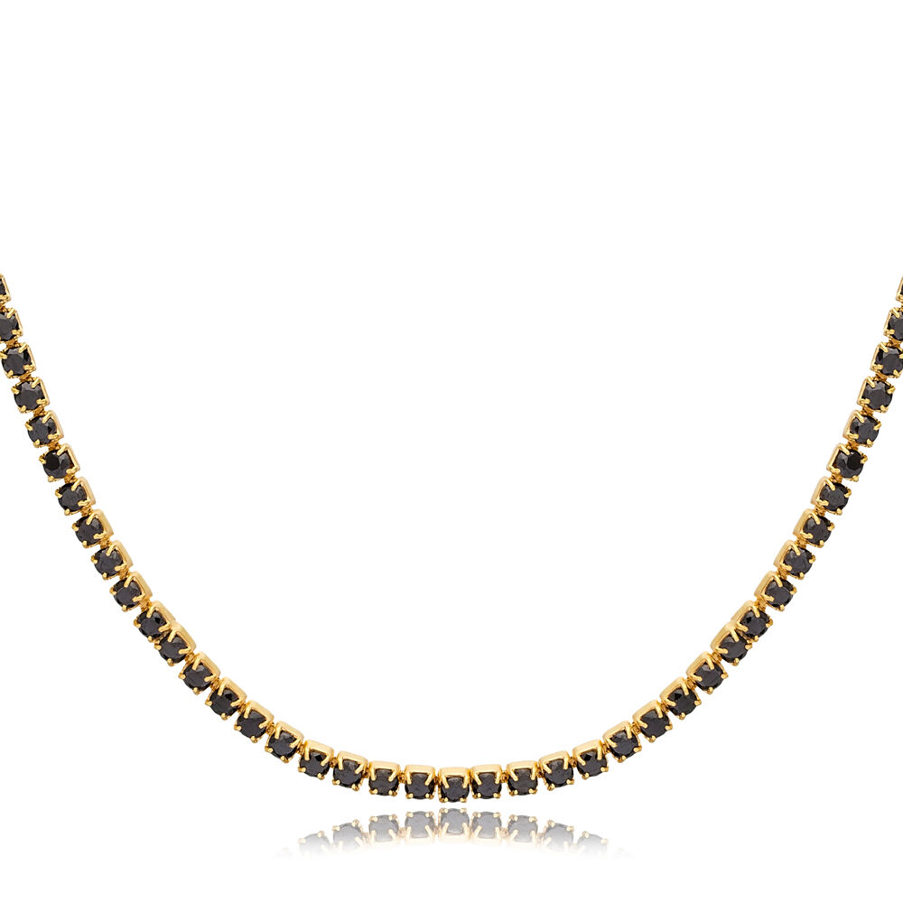 Black Zircon Stone Tennis Necklace Handmade Turkish 925 Sterling Silver Jewelry
