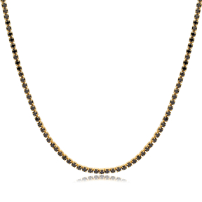 Black Zircon Stone Design Tennis Necklace Handmade Turkish 925 Sterling Silver Jewelry