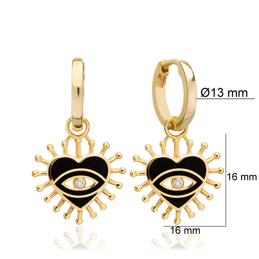 Evil Eye Design Heart Shape Black Enamel Dangle Earrings Turkish Handcrafted 925 Silver Jewelry