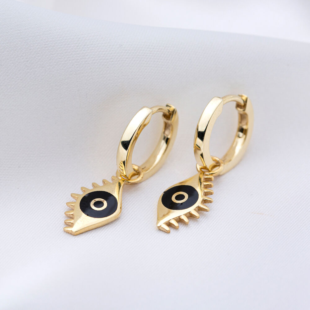 Black Enamel Evil Eye Design Dangle Earrings Turkish Handcrafted 925 Sterling Silver Jewelry