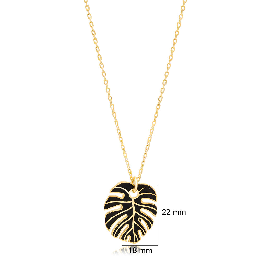 Black Enamel Palm Leaf Shape Necklace Turkish 925 Sterling Silver Jewelry