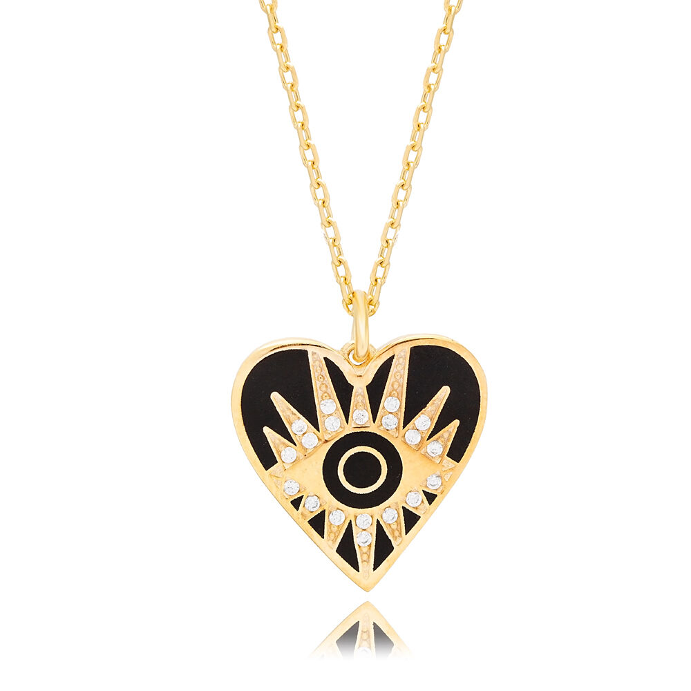 Heart Shape Evil Eye Design Black Enamel Charm Pendant Turkish Handcrafted 925 Silver Jewelry
