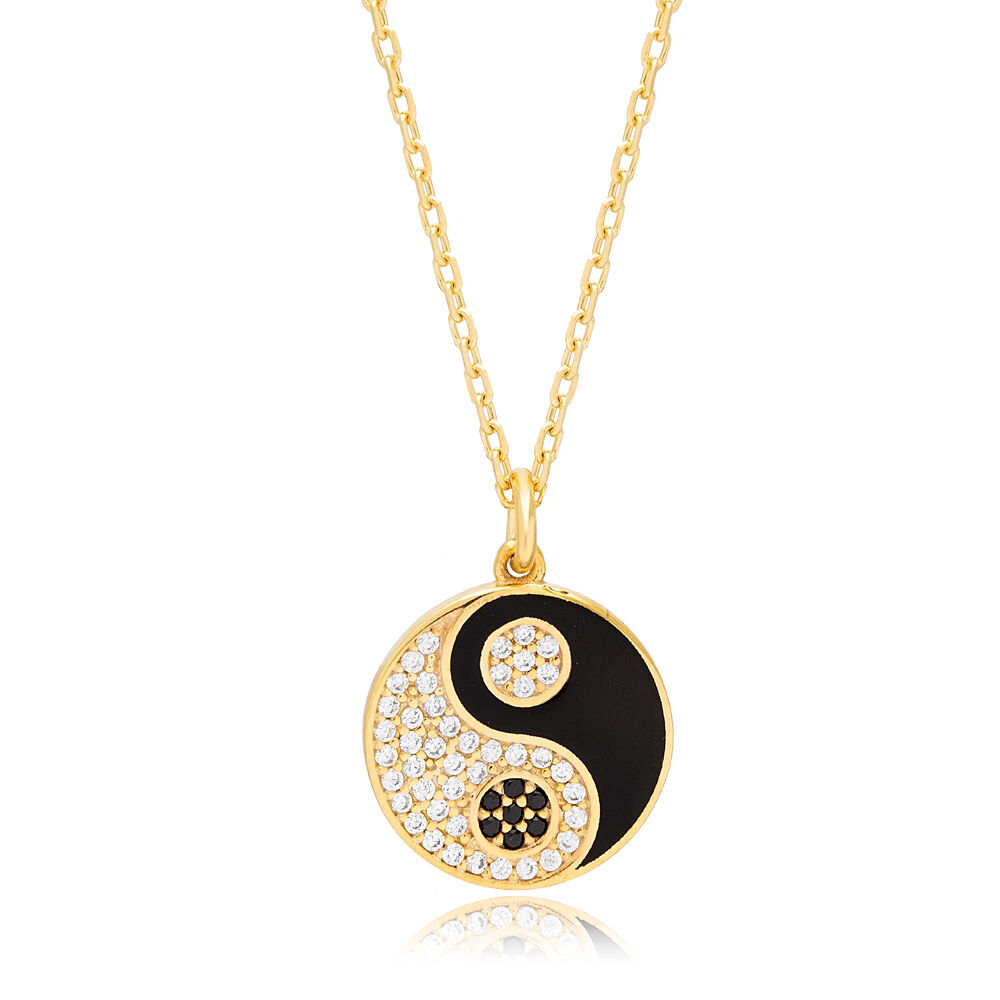 Yin Yang Design Black Enamel Zircon Stone Charm Pendant Turkish Handcrafted 925 Silver Jewelry
