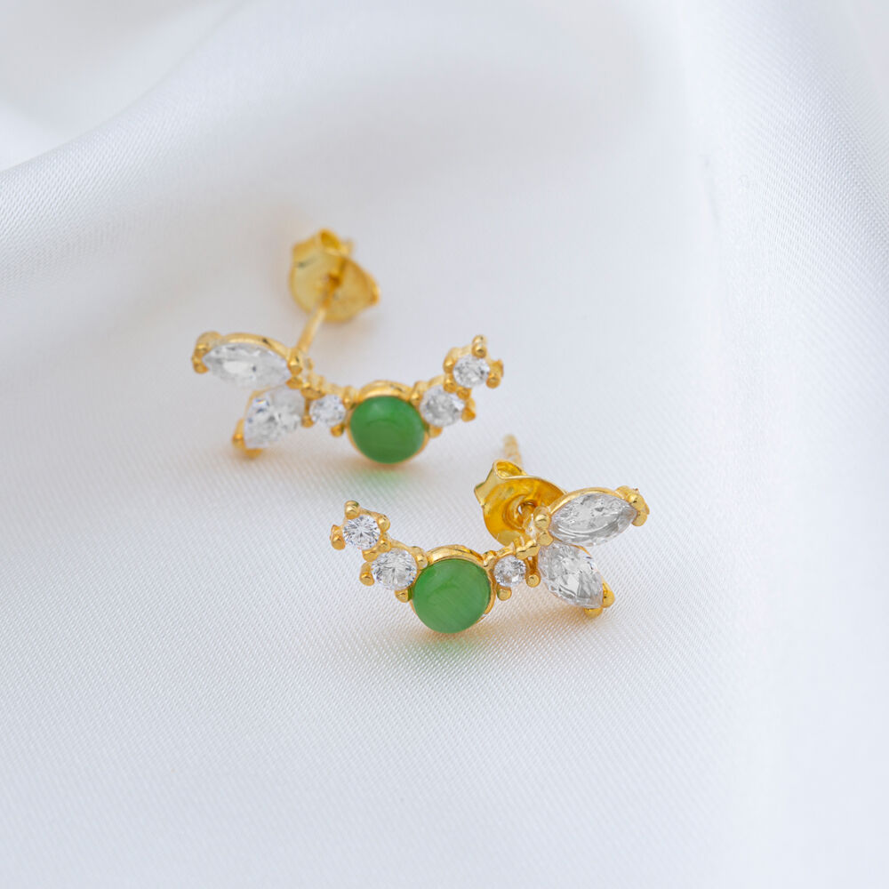 Emerald Stone with Zircon Stone Stud Earrings 925 Silver Sterling Earrings Jewelry