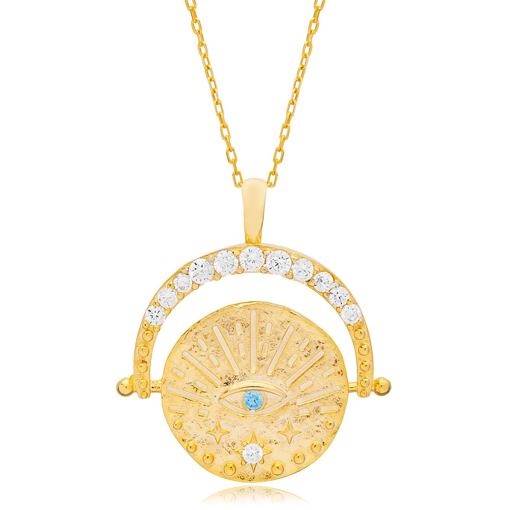Evil Eye in Medallion Design Aquamarine Stone Charm Pendant 925 Sterling Silver Jewelry