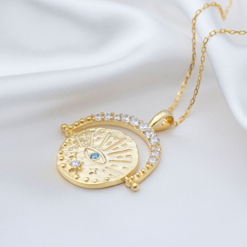 Evil Eye in Medallion Design Aquamarine Stone Charm Pendant 925 Sterling Silver Jewelry