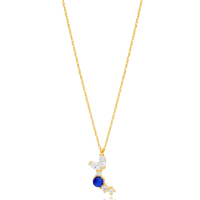 Sapphire Stone with Zircon Stone Charm Necklace 925 Sterling Silver Jewelry