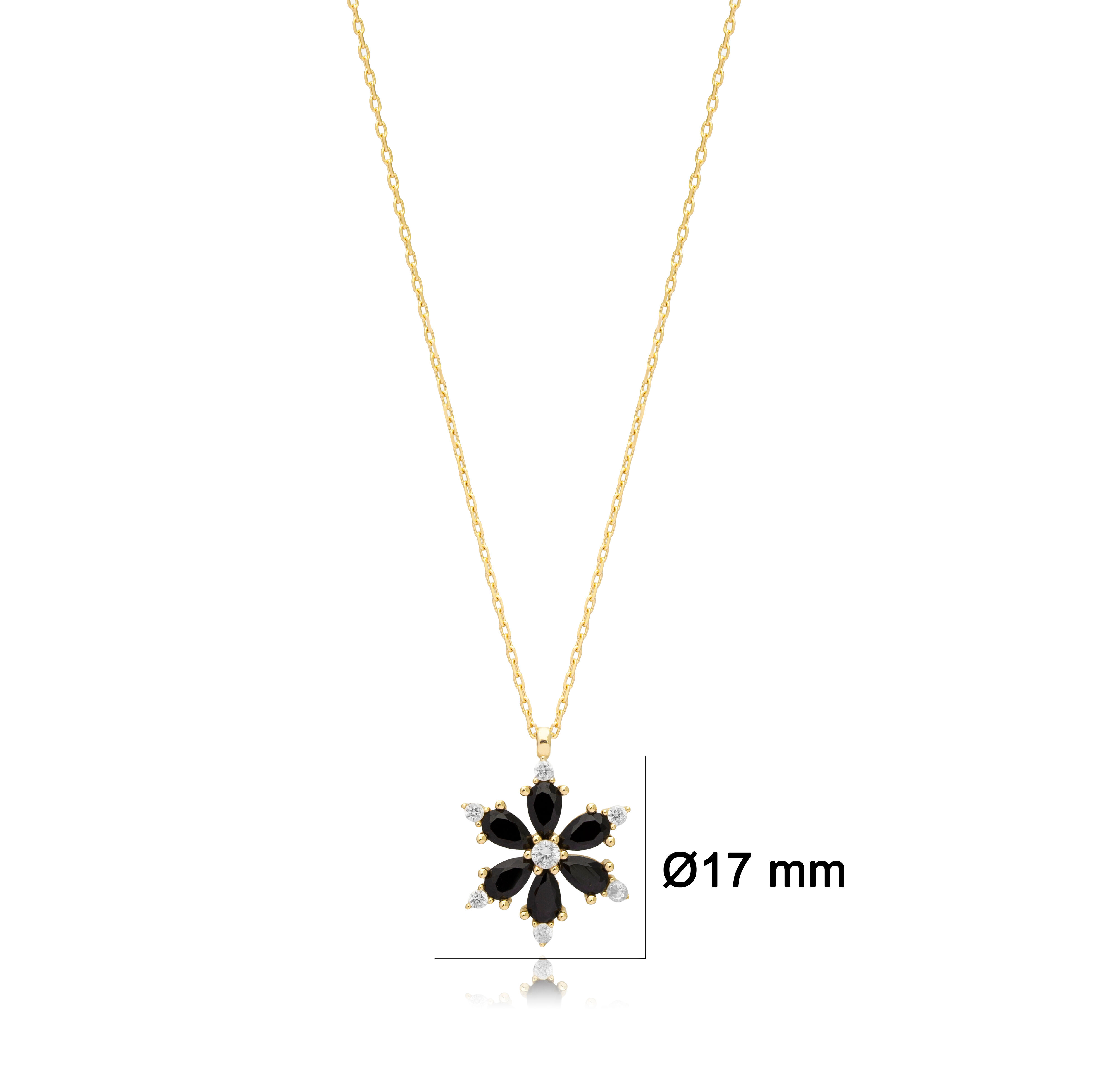 Flower Design Black Zircon Stone Charm Necklace Pendant 925 Sterling Silver Jewelry