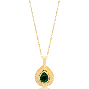 Vintage Drop Shape Emerald Stone Pendant Turkish Handcrafted Wholesale 925 Sterling Silver Jewelry