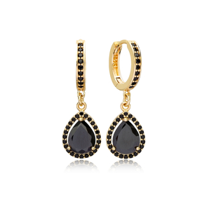 Pear Design Black Zircon Stone Dangle Earrings Turkish Handcrafted 925 Sterling Silver Jewelry