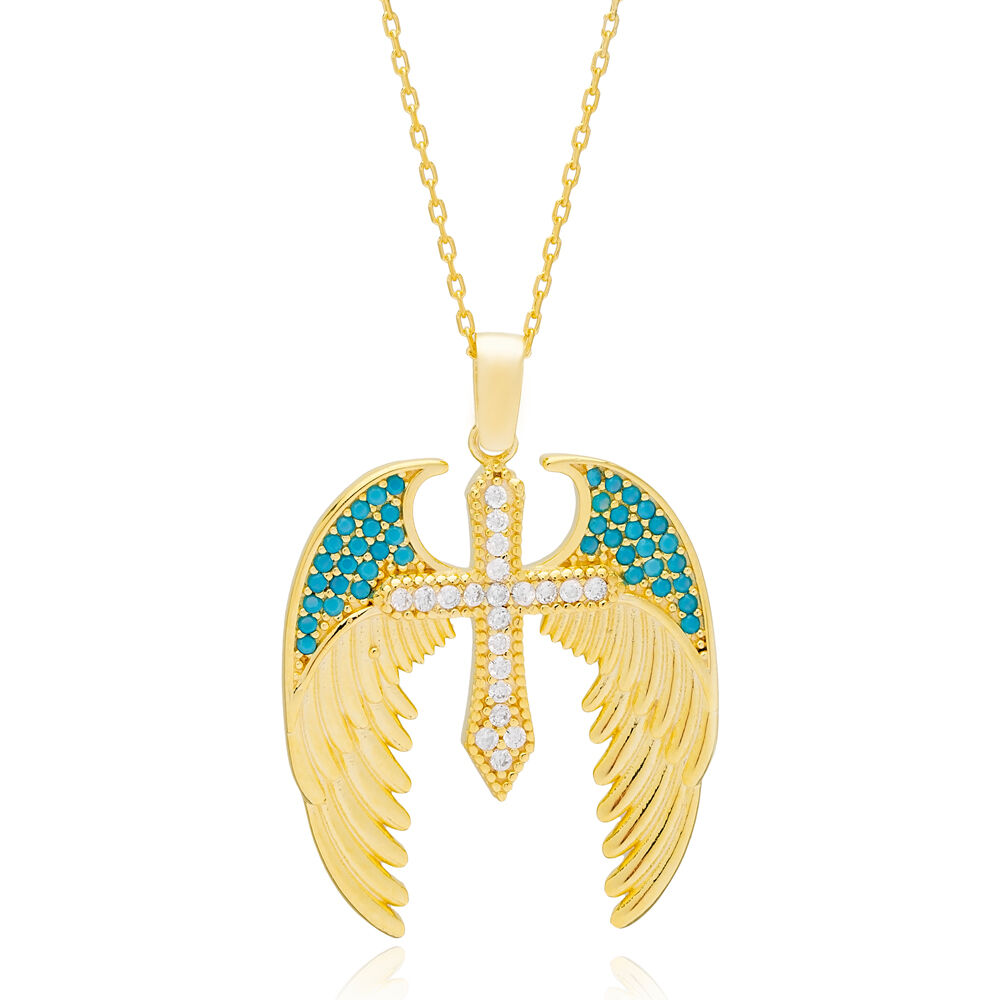 Angel Wings with Cross Design Turquoise Stone Charm Pendant 925 Sterling Silver Jewelry
