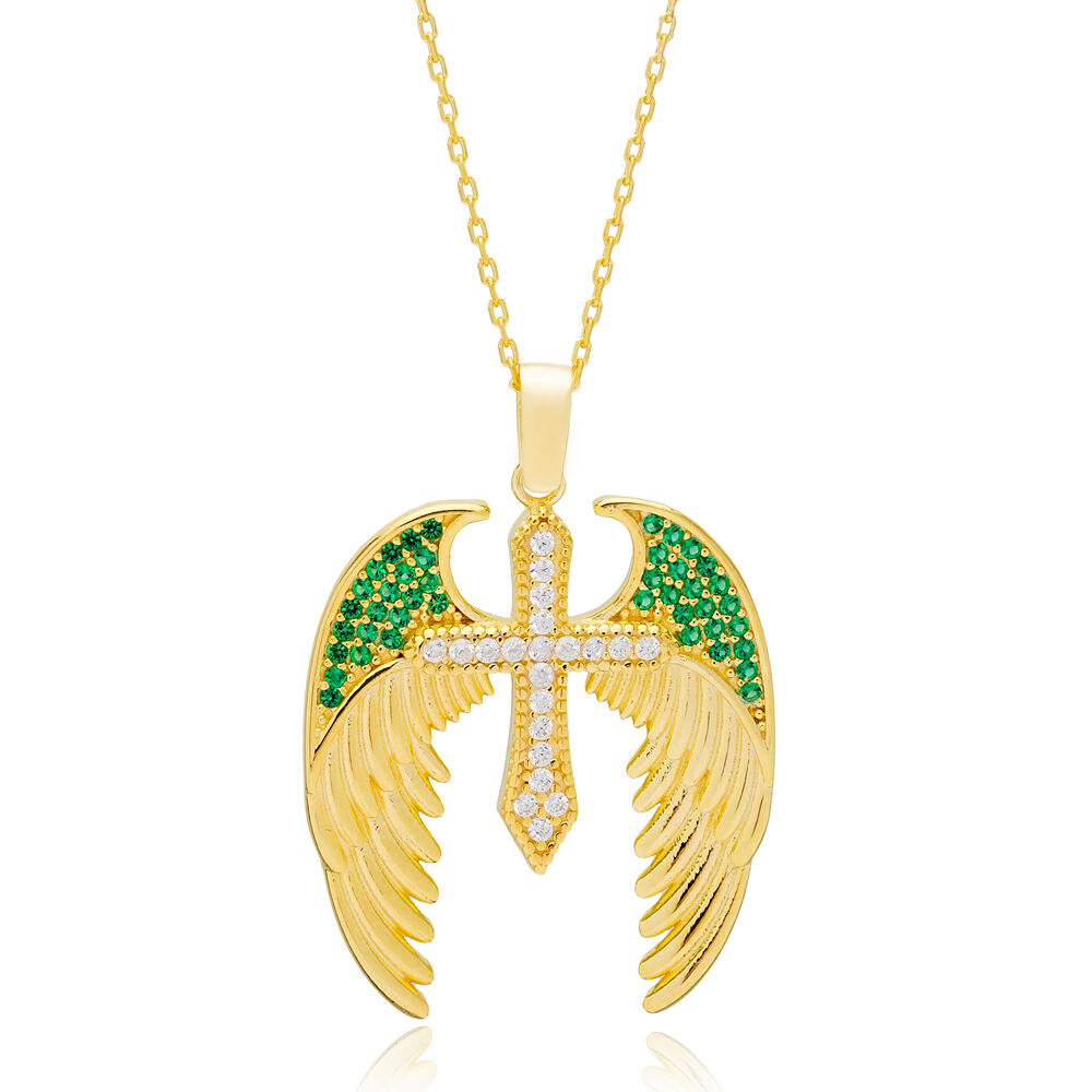 Angel Wings with Cross Design Emerald Stone Charm Pendant 925 Sterling Silver Jewelry