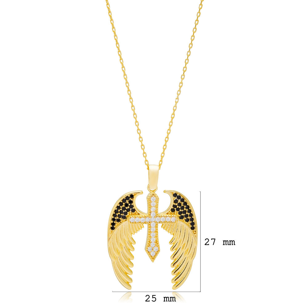 Angel Wings with Cross Design Black Zircon Stone Charm Pendant 925 Sterling Silver Jewelry