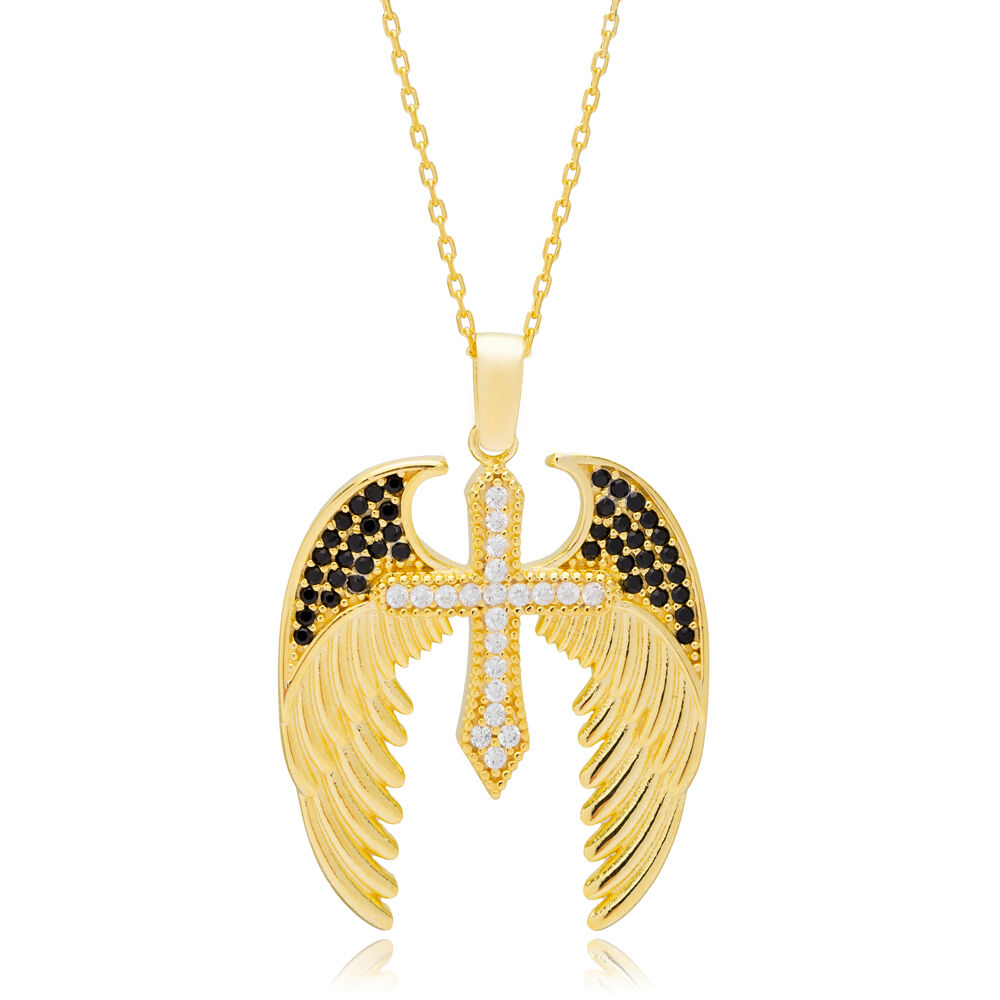 Angel Wings with Cross Design Black Zircon Stone Charm Pendant 925 Sterling Silver Jewelry