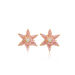 Pink Zircon Stone Unique Flower Design Stud Earrings 925 Sterling Silver Jewelry