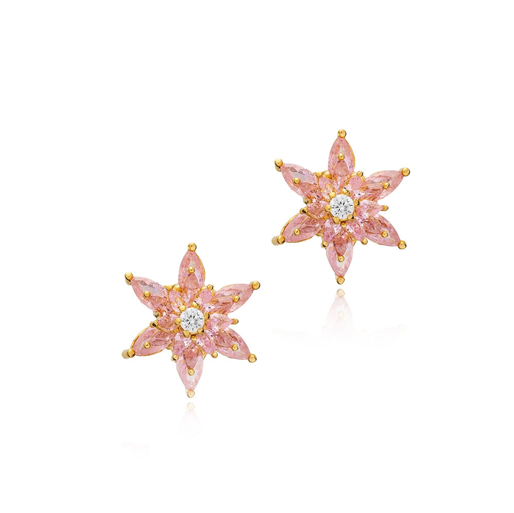 Pink Zircon Stone Unique Flower Design Stud Earrings 925 Sterling Silver Jewelry