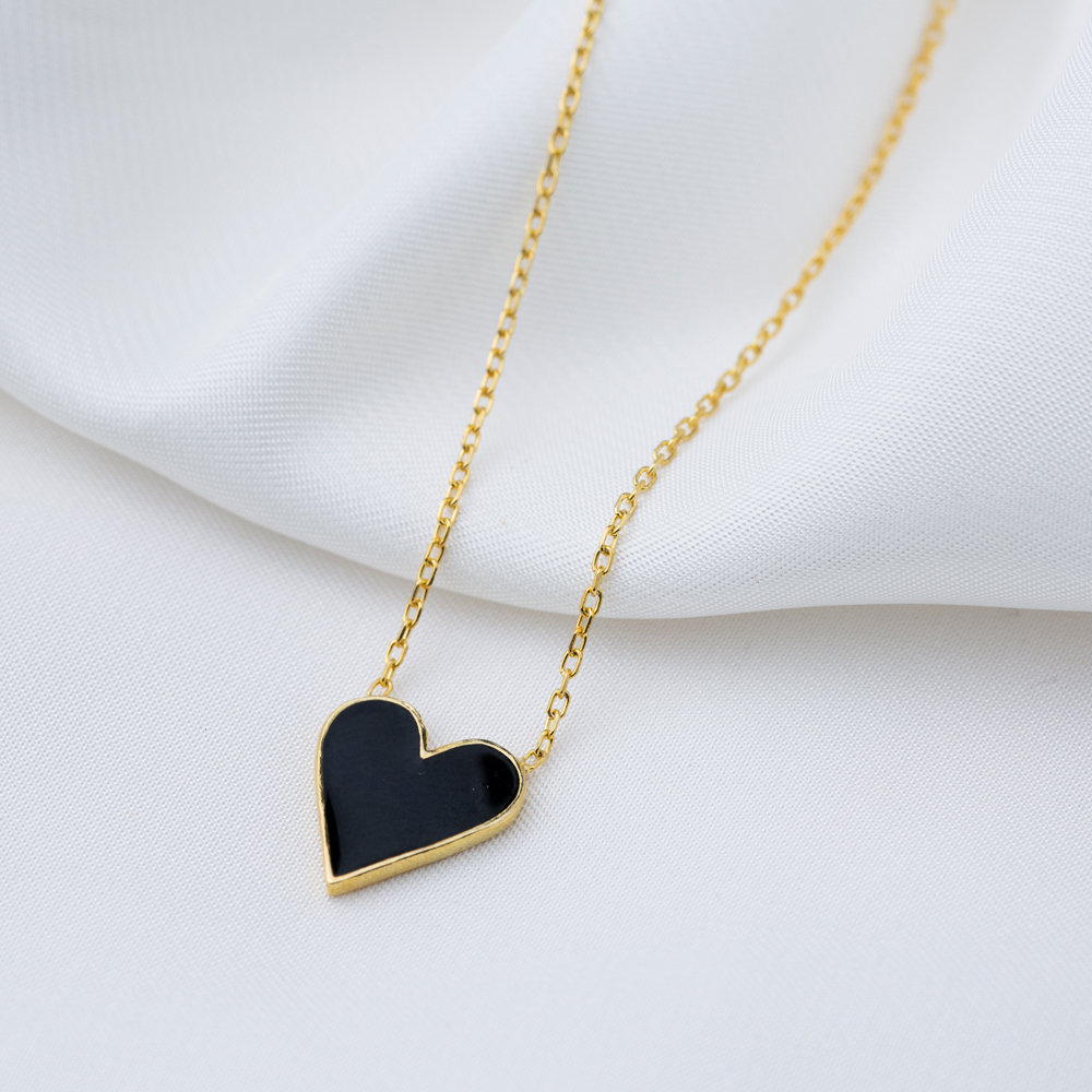 Heart Shape Black Enamel Charm Pendant Turkish Handcrafted Wholesale 925 Sterling Silver Jewelry